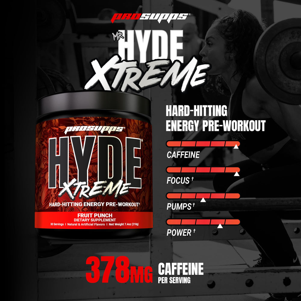 Mr. HYDE Xtreme pre-workout scoop next to shaker for quick mix