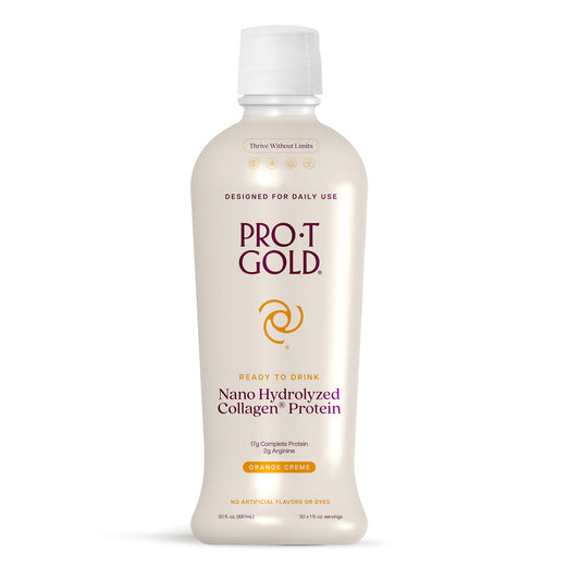 ProT Gold Liquid Collagen Shot bottle with orange creme flavor for quick protein intake