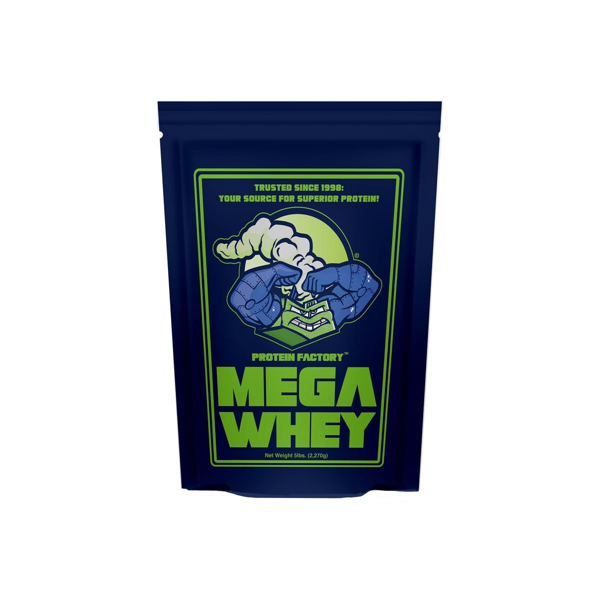 Protein Factory Mega Whey Plain front label with soy-free, clean protein for daily muscle support.