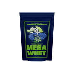 Protein Factory Mega Whey Plain front label with soy-free, clean protein for daily muscle support.