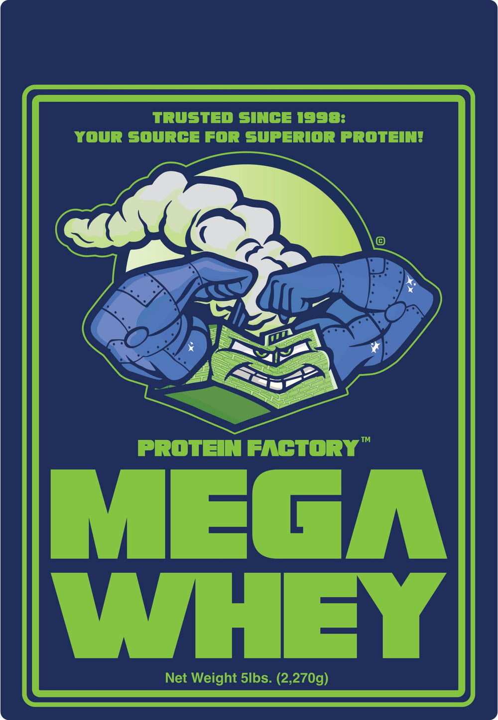 Protein Factory Mega Whey Plain nutrition panel shows 25 g protein per serving.
