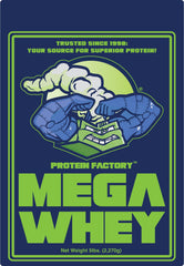 Protein Factory Mega Whey Plain nutrition panel shows 25 g protein per serving.