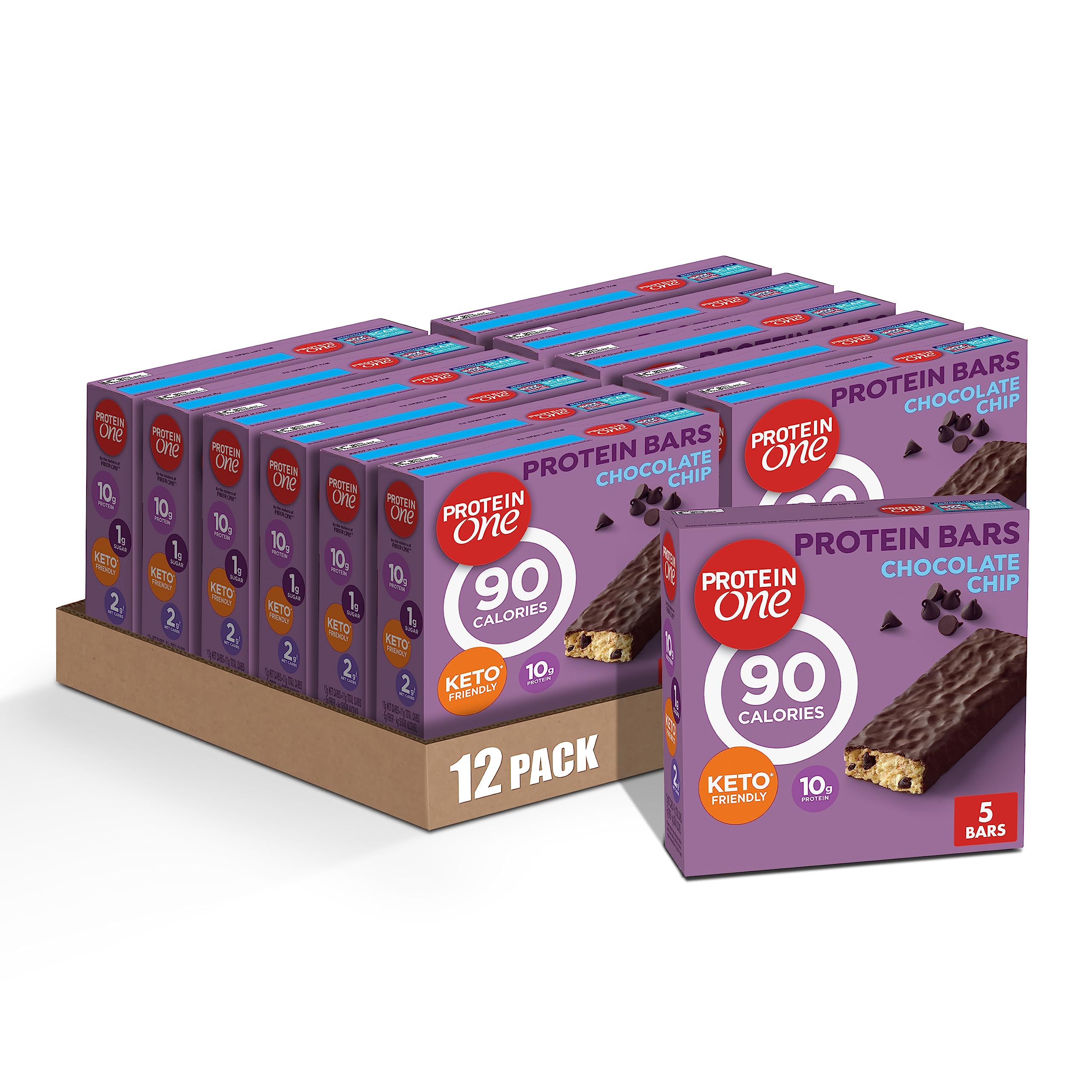 Protein One 90-calorie chocolate chip bar close-up for a keto-friendly snack.