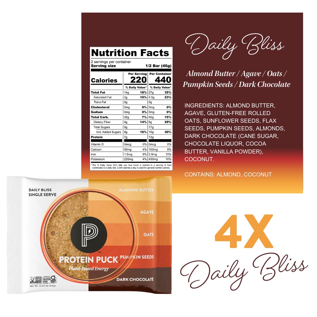 Protein Puck bar close-up shows fruits, nuts, seeds and wholesome texture.