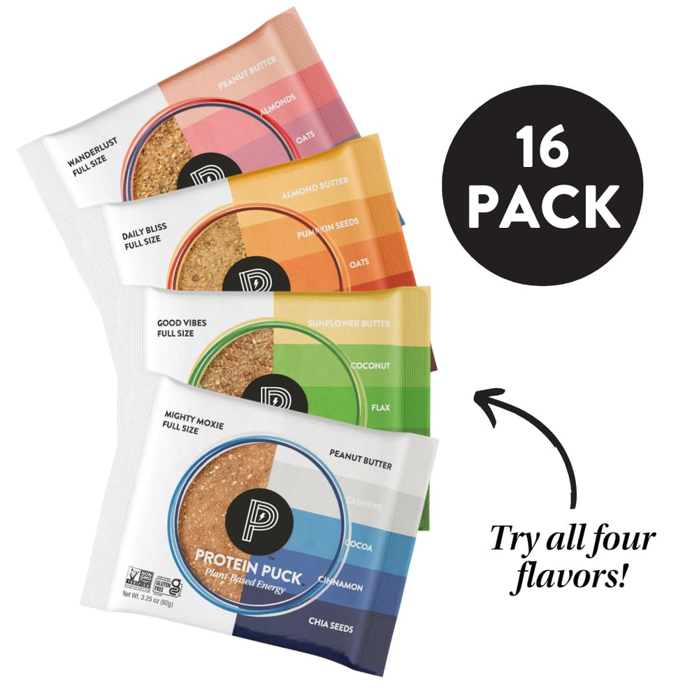 Protein Puck full-size 3.25 oz bar, a satisfying plant-based meal replacement option.