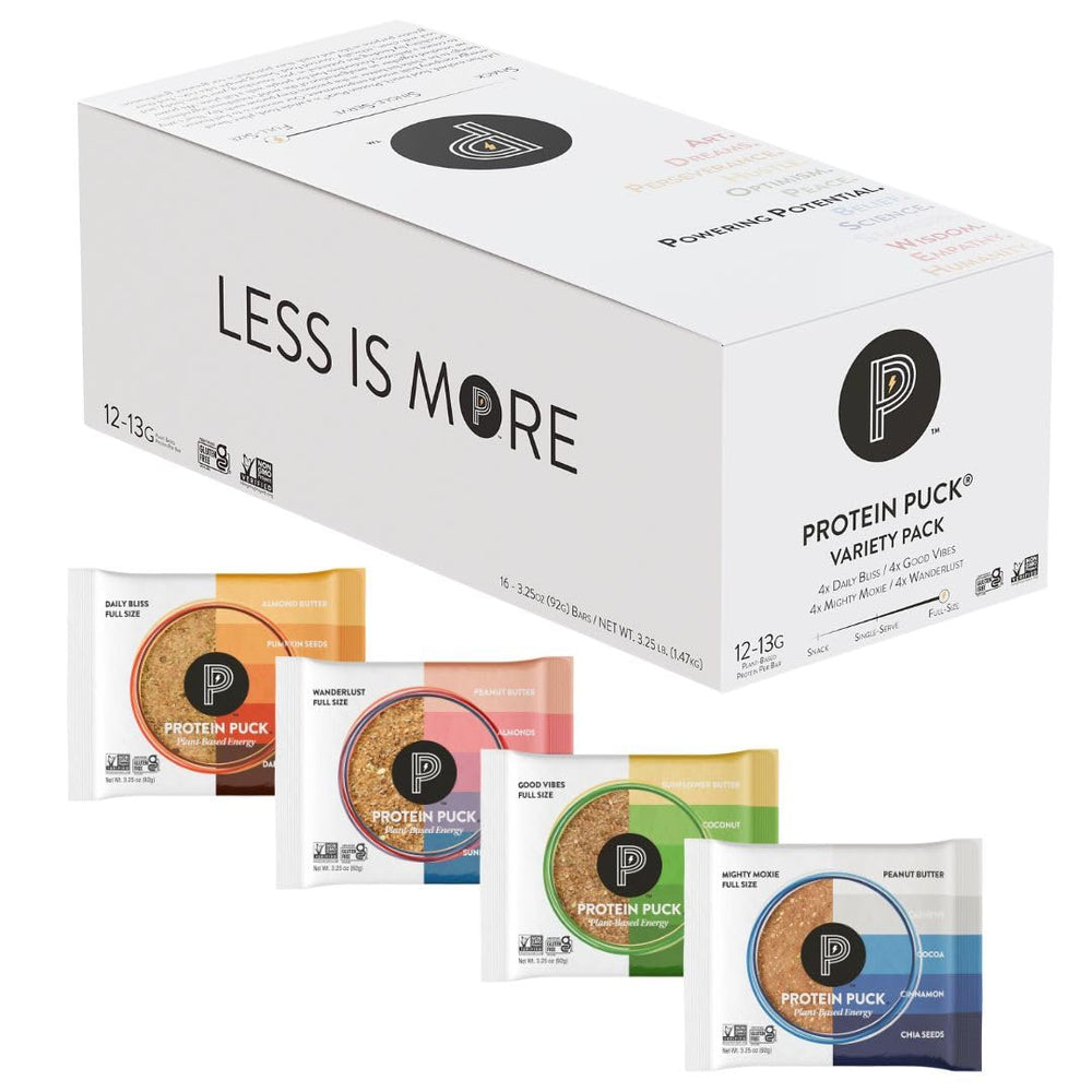 Protein Puck variety pack of 16 bars, ideal for trying multiple flavors on the go.