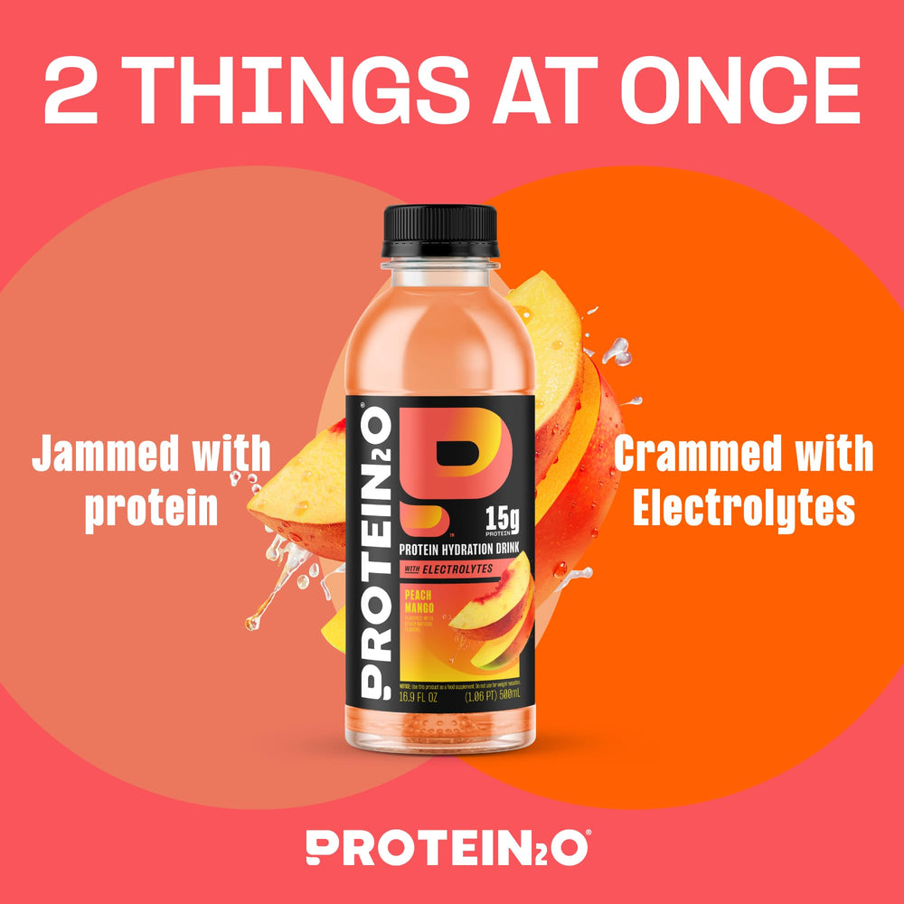 Protein2o bottle showcases 15g whey and electrolytes for performance.