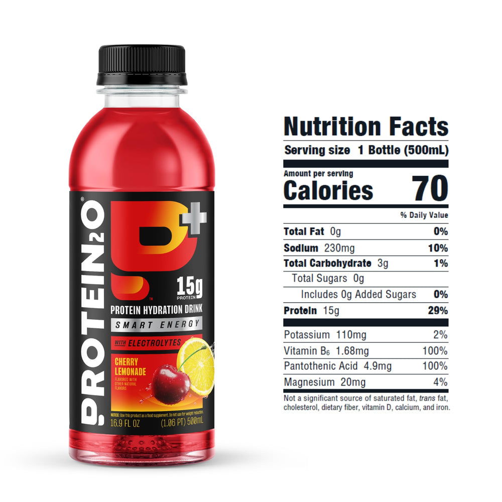 Protein2o Cherry Lemonade pour into glass, energizing refreshment with caffeine.