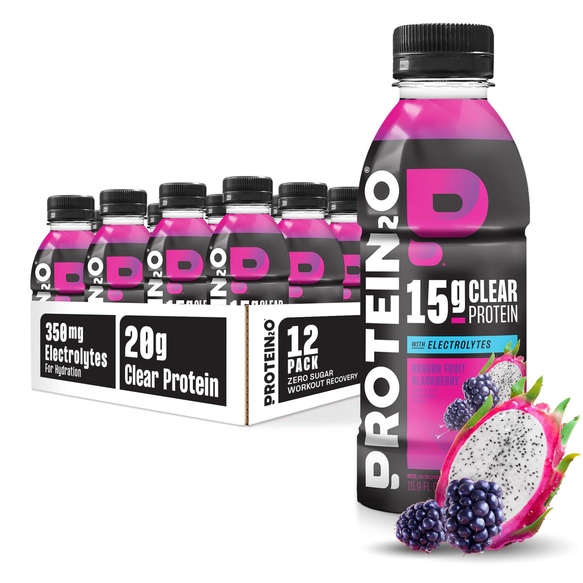 Protein2o dragon fruit blackberry bottle offers refreshing hydration with electrolytes for post-workout hydration.