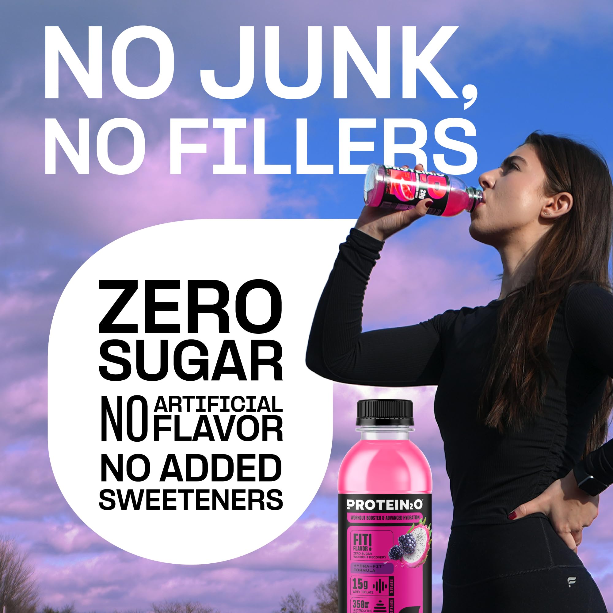 Protein2o electrolytes boost bottle emphasizes electrolytes for workout balance.