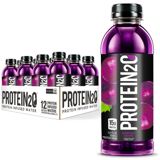 Protein2o Harvest Grape bottle highlights 15g protein and zero sugar benefits.