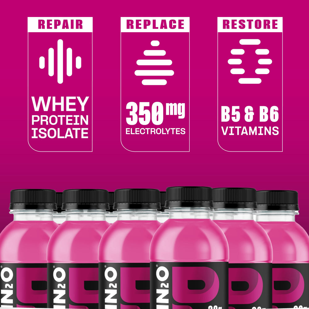 Close-up of Protein2o bottle highlighting 20g protein per serving.