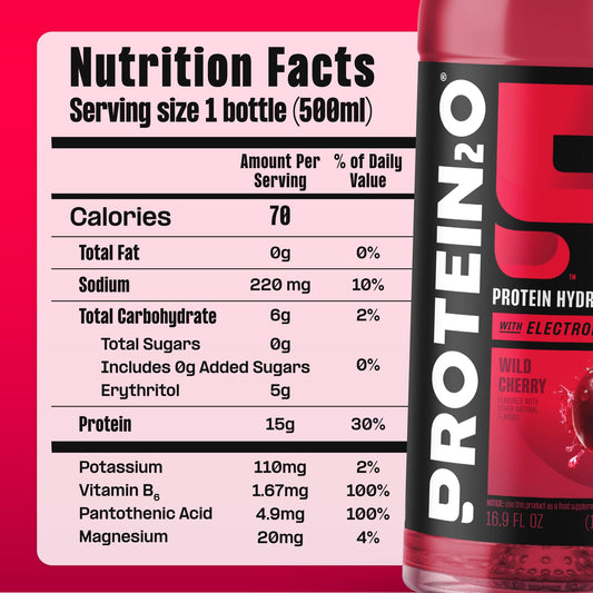 Protein2o Hydration bottle label displays 15g whey and electrolytes for post-workout fueling.