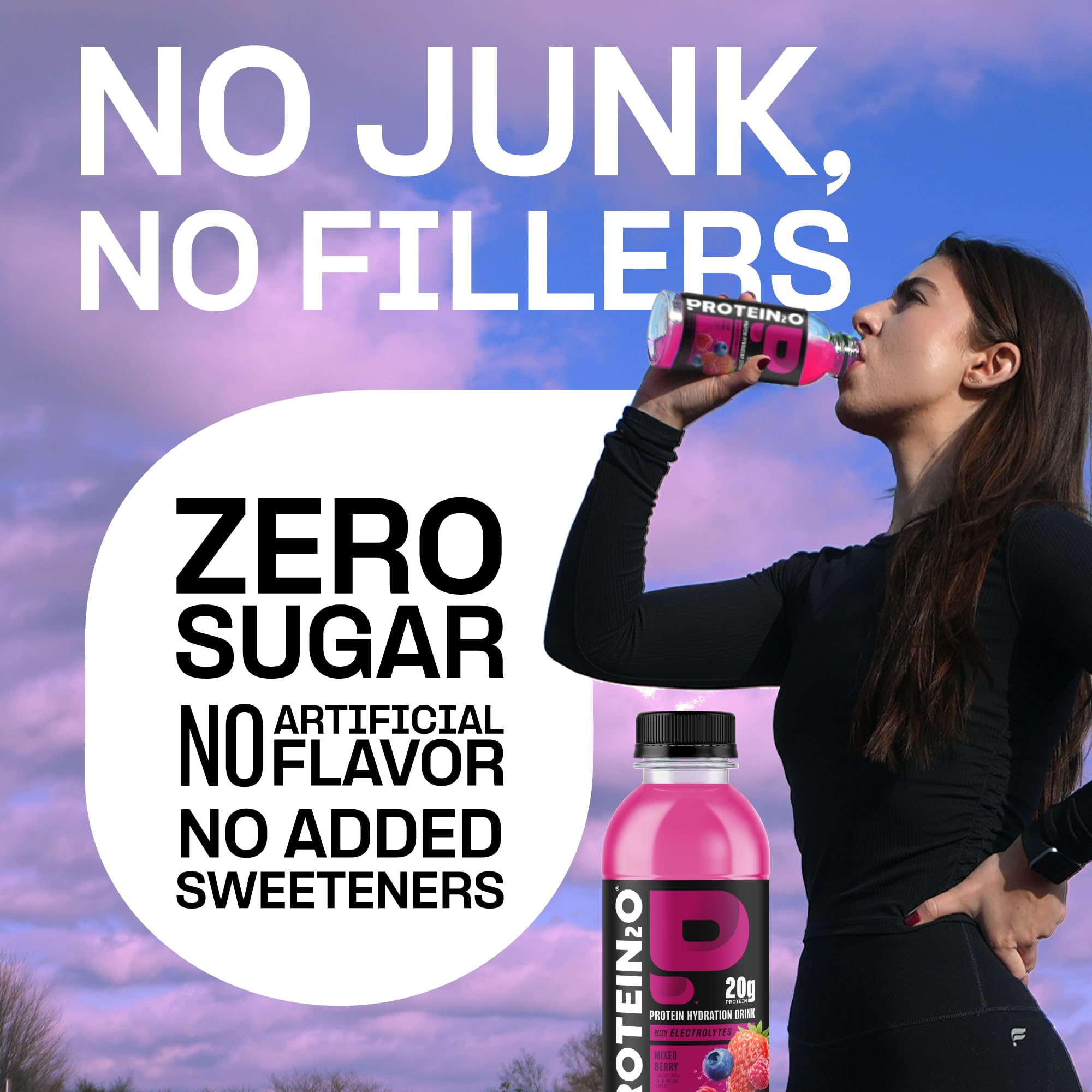 Protein2o clear bottle emphasizes clean ingredients and crisp flavor.