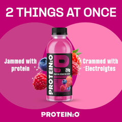 Protein2o hydration pour into glass showing fast-absorbing protein hydration.