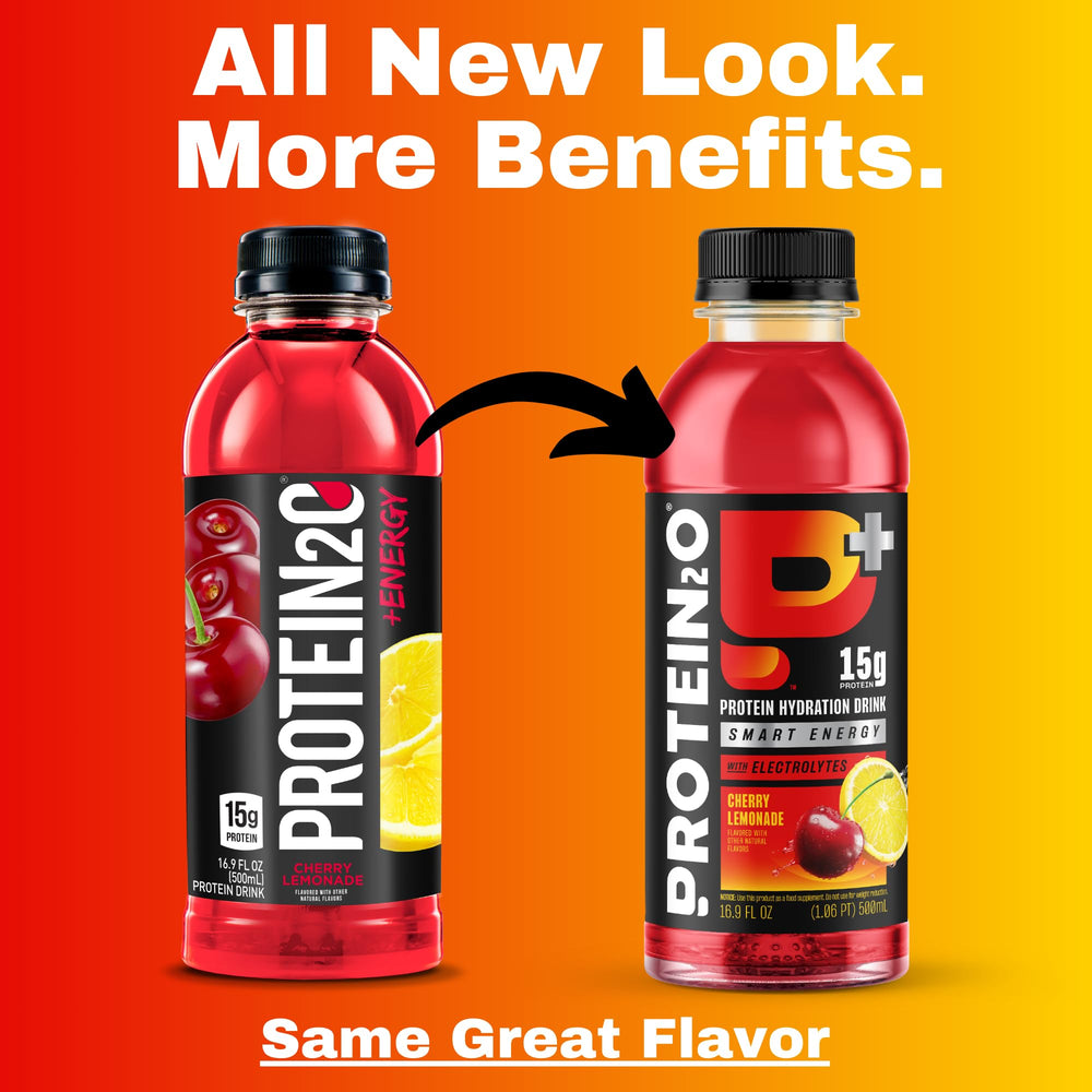 Protein2o Ice-cold glass showcases low sugar, keto-friendly hydration.