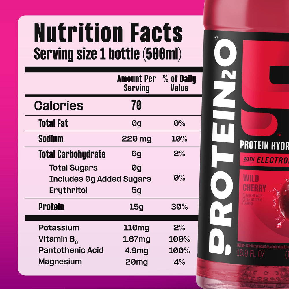 Protein2o bottle label highlighting 0g sugar and 70 calories for smart fueling