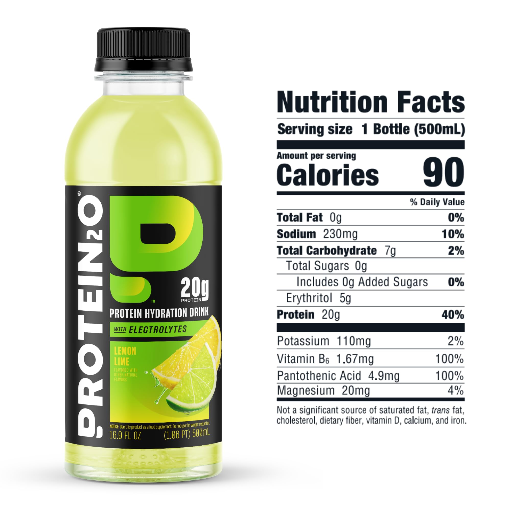 Protein2o Lemon Lime label closeup highlighting electrolytes and B vitamins.
