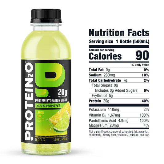 Protein2o Lemon Lime label closeup highlighting electrolytes and B vitamins.