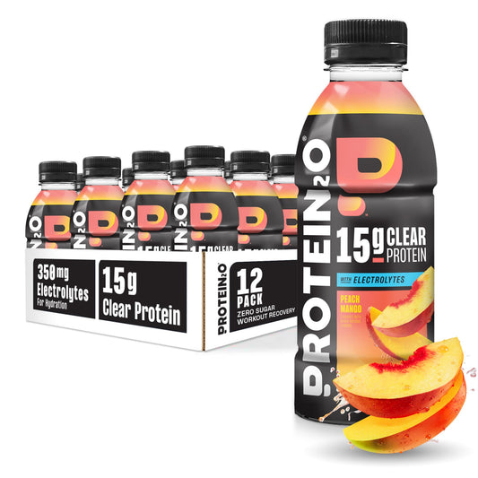 Protein2o peach mango bottle delivers refreshing protein hydration for active days.