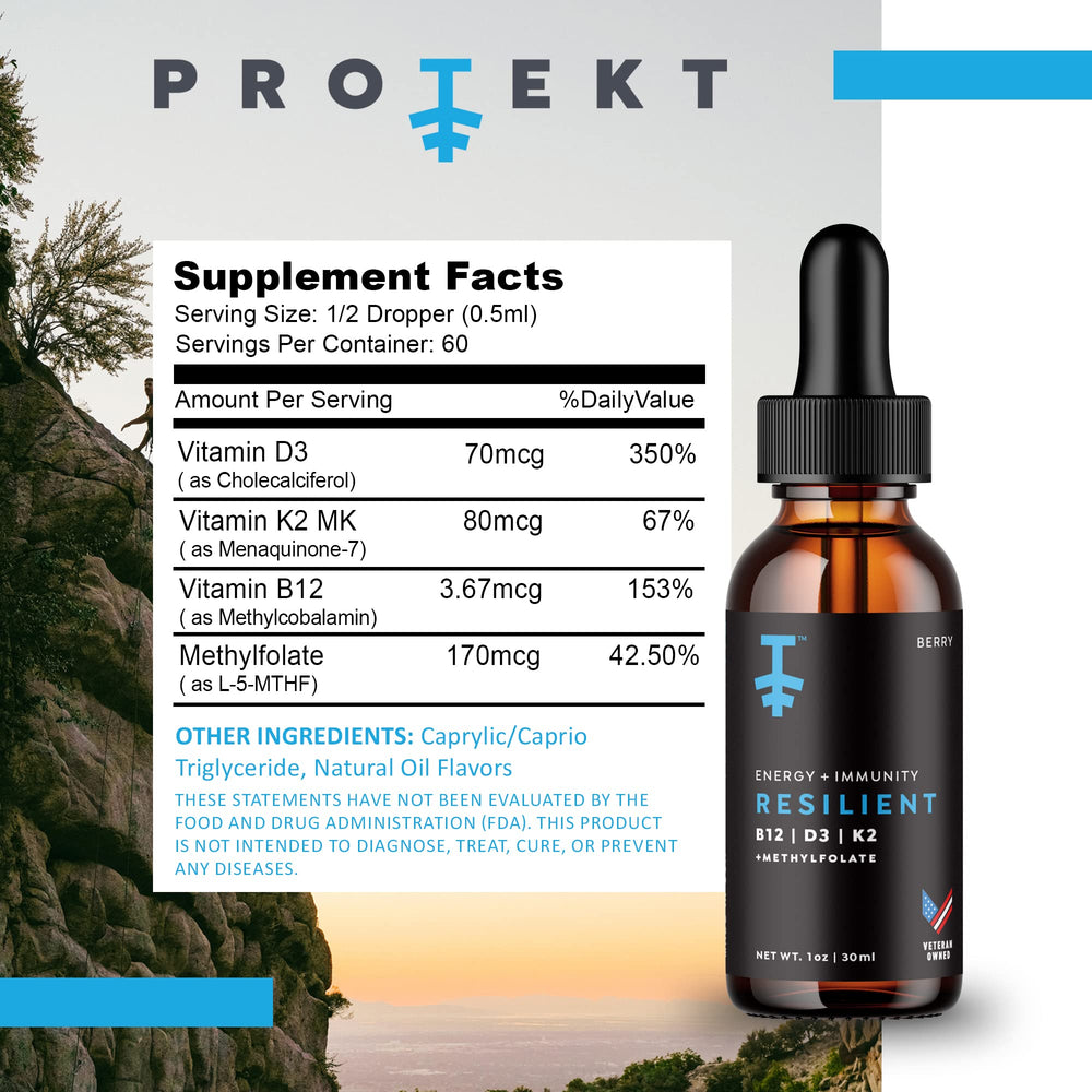 PROTEKT Resilient drops pour shot demonstrating easy dosing for on-the-go nutrition.