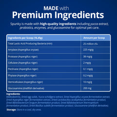 ProThrive Spunky Digestive Supplement label close-up, highlights enzymes and probiotics.