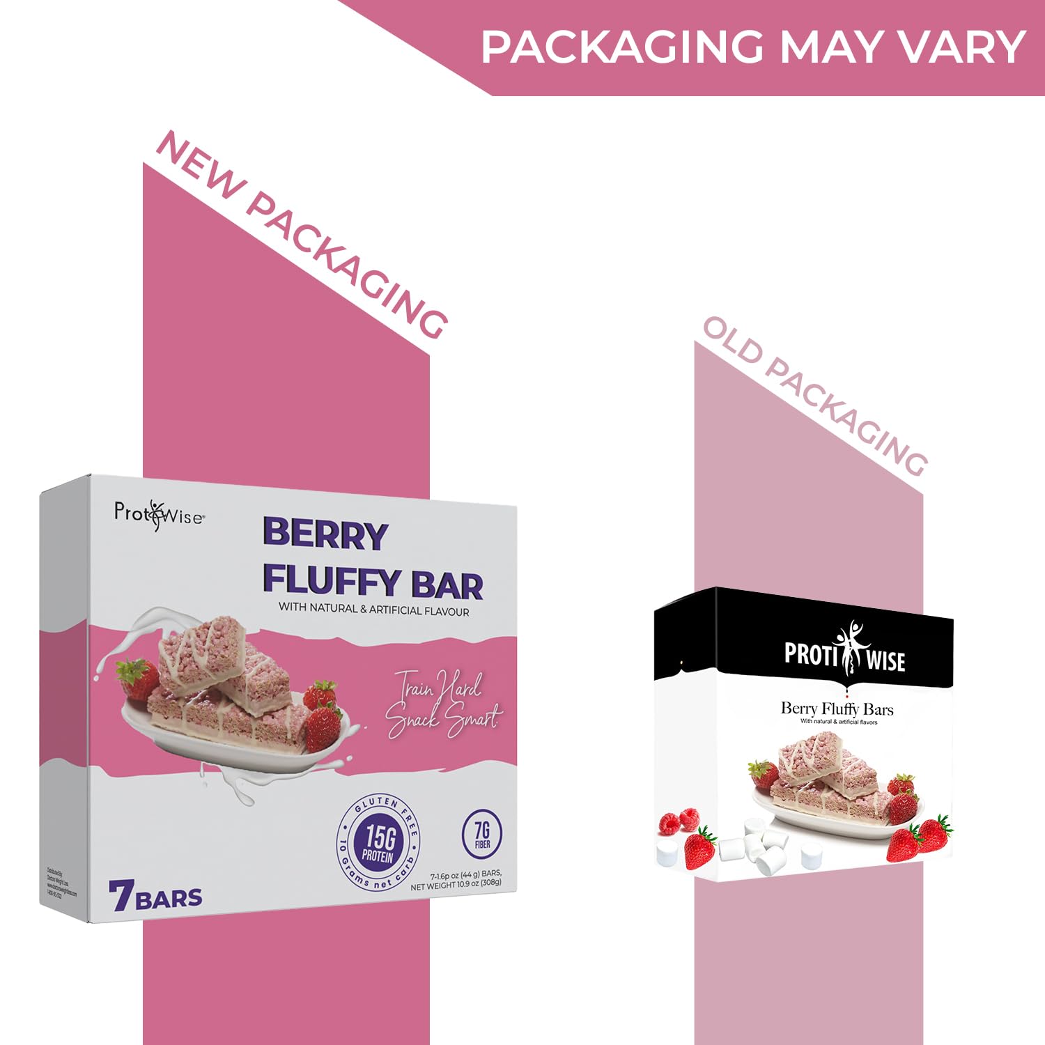ProtiWise Berry Fluffy Bar box with seven bars for week-long snack.