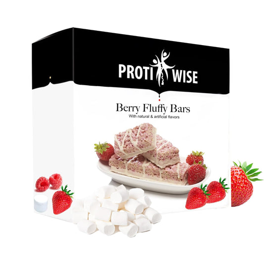 ProtiWise Berry Fluffy Bar package front; convenient protein snack for busy days.
