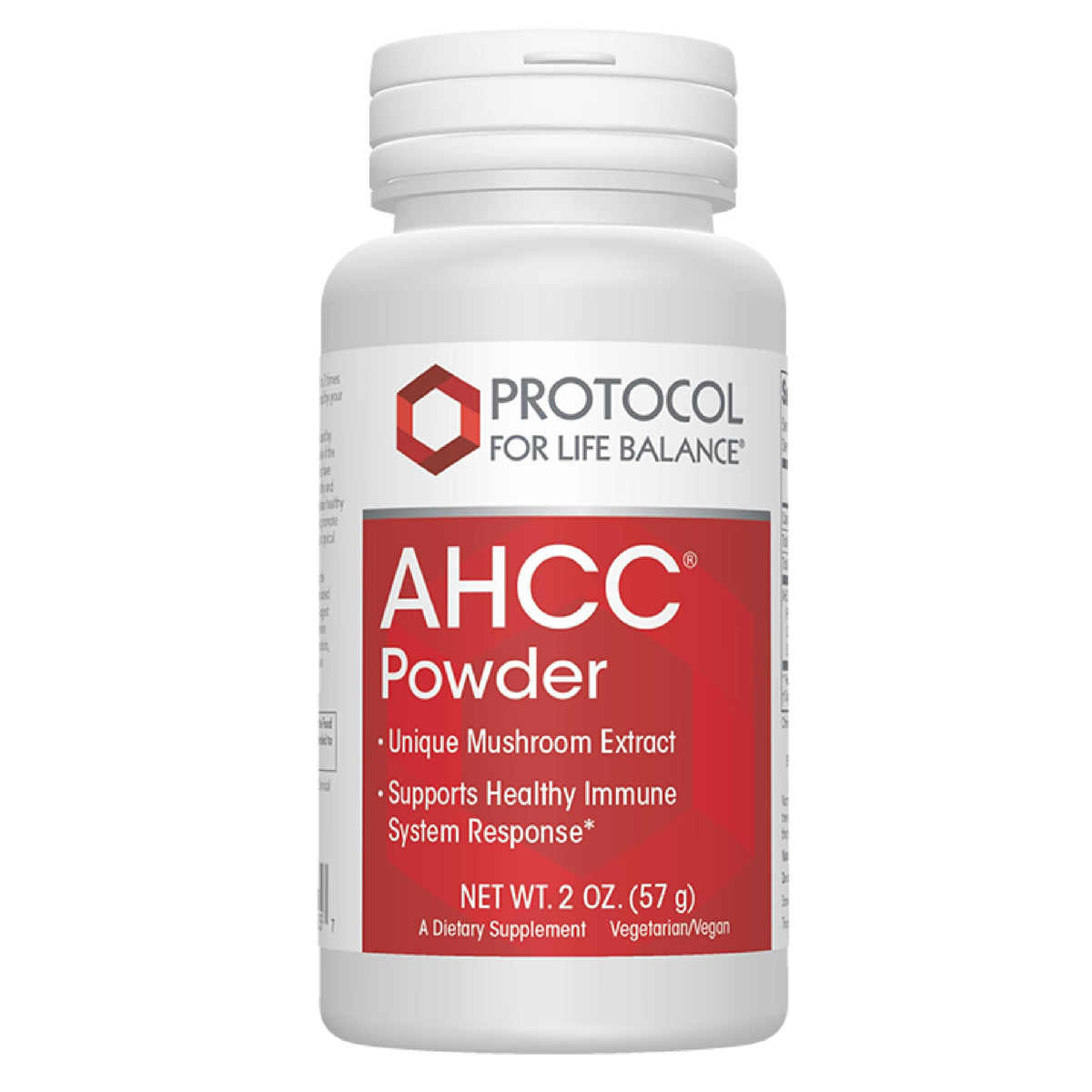 PROTOCOL FOR LIFE BALANCE AHCC Powder bottle showcasing vegan immune support.
