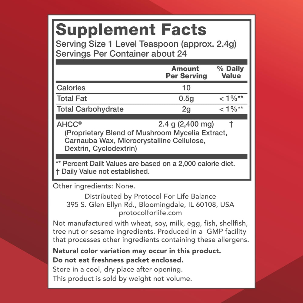 PROTOCOL FOR LIFE BALANCE AHCC Powder ingredients close-up highlighting liver support.