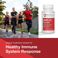 PROTOCOL FOR LIFE BALANCE AHCC Powder container emphasizing stress response benefits.