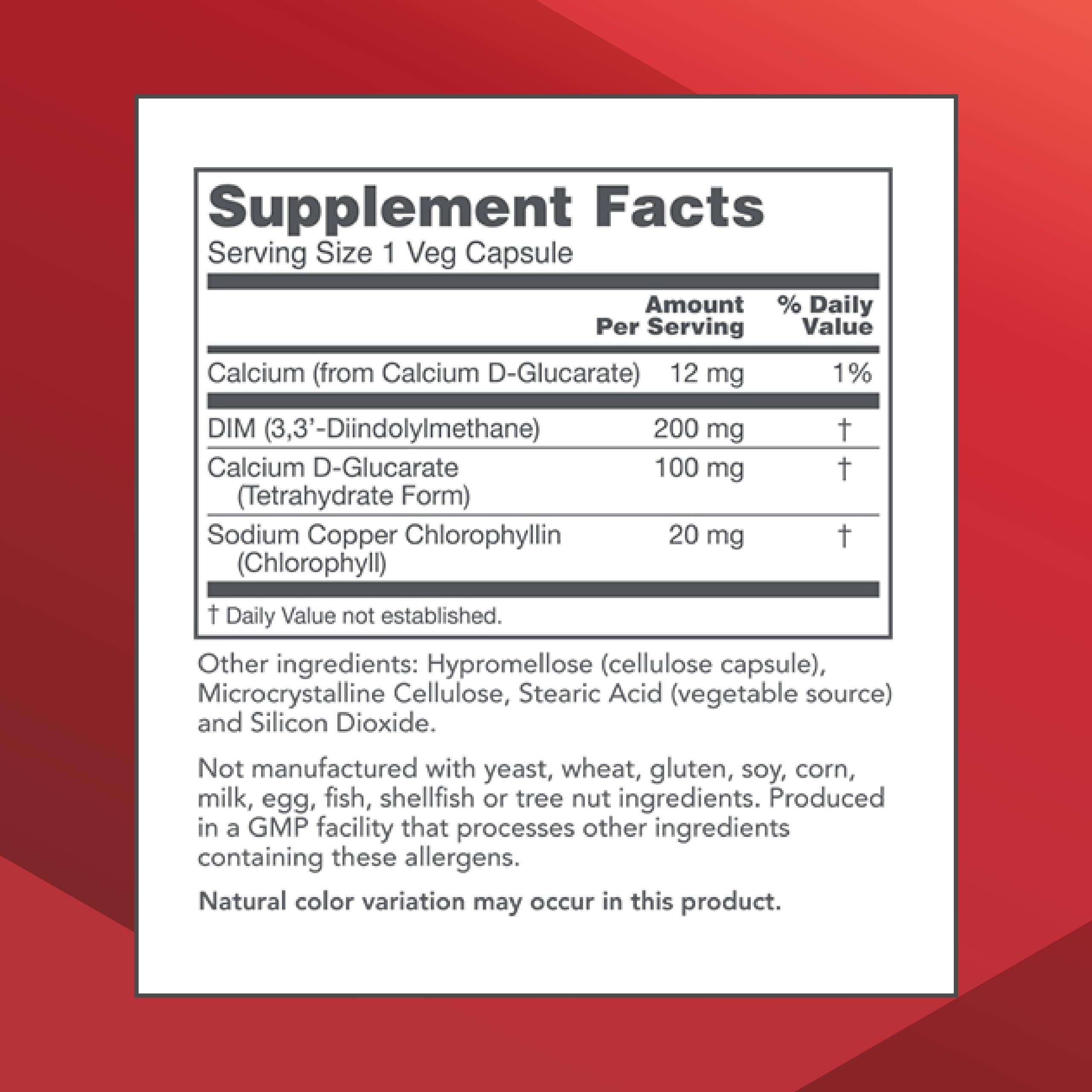 DIM 200 Plus bottle label close-up highlighting calcium D-glucarate inclusion