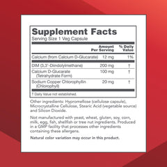 DIM 200 Plus bottle label close-up highlighting calcium D-glucarate inclusion
