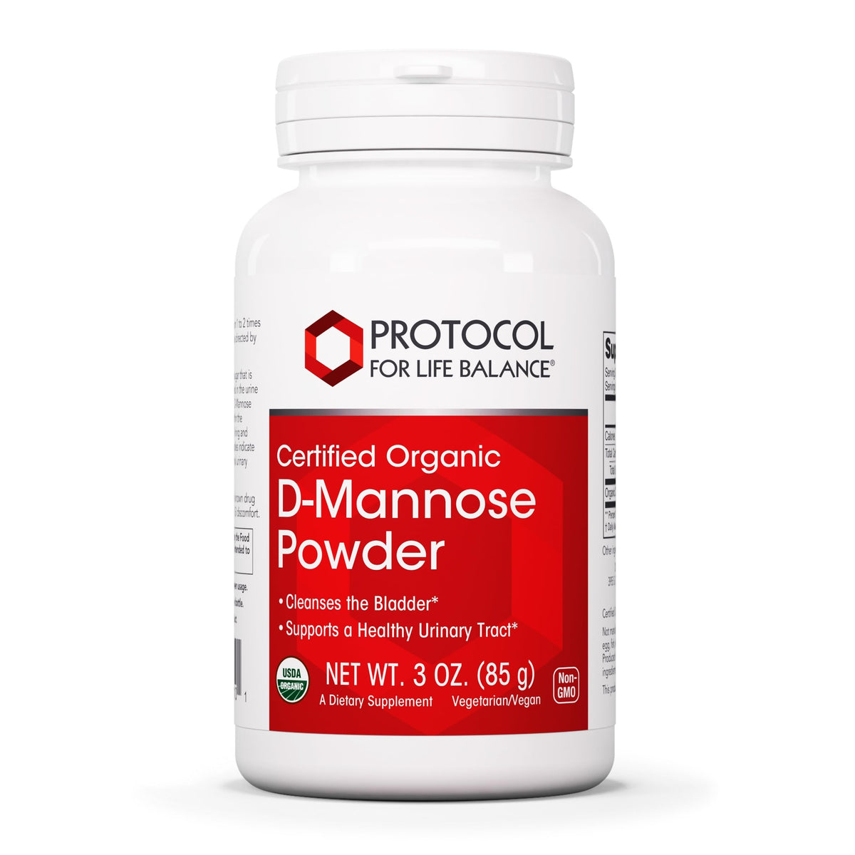 Protocol for Life Balance D-Mannose powder bottle promotes daily urinary tract support.