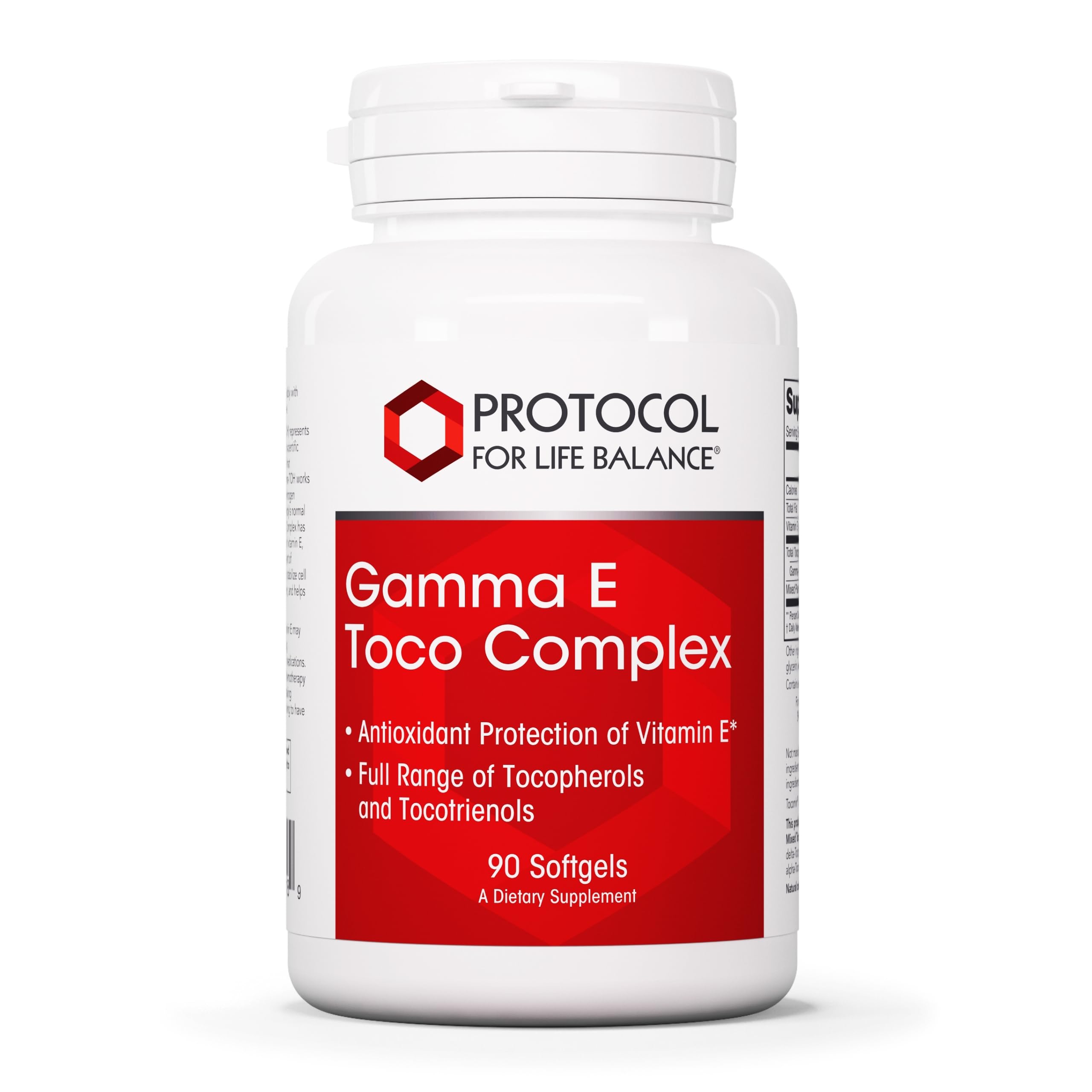 PROTOCOL FOR LIFE BALANCE Gamma E Toco Complex bottle front shows heart-healthy vitamin E blend