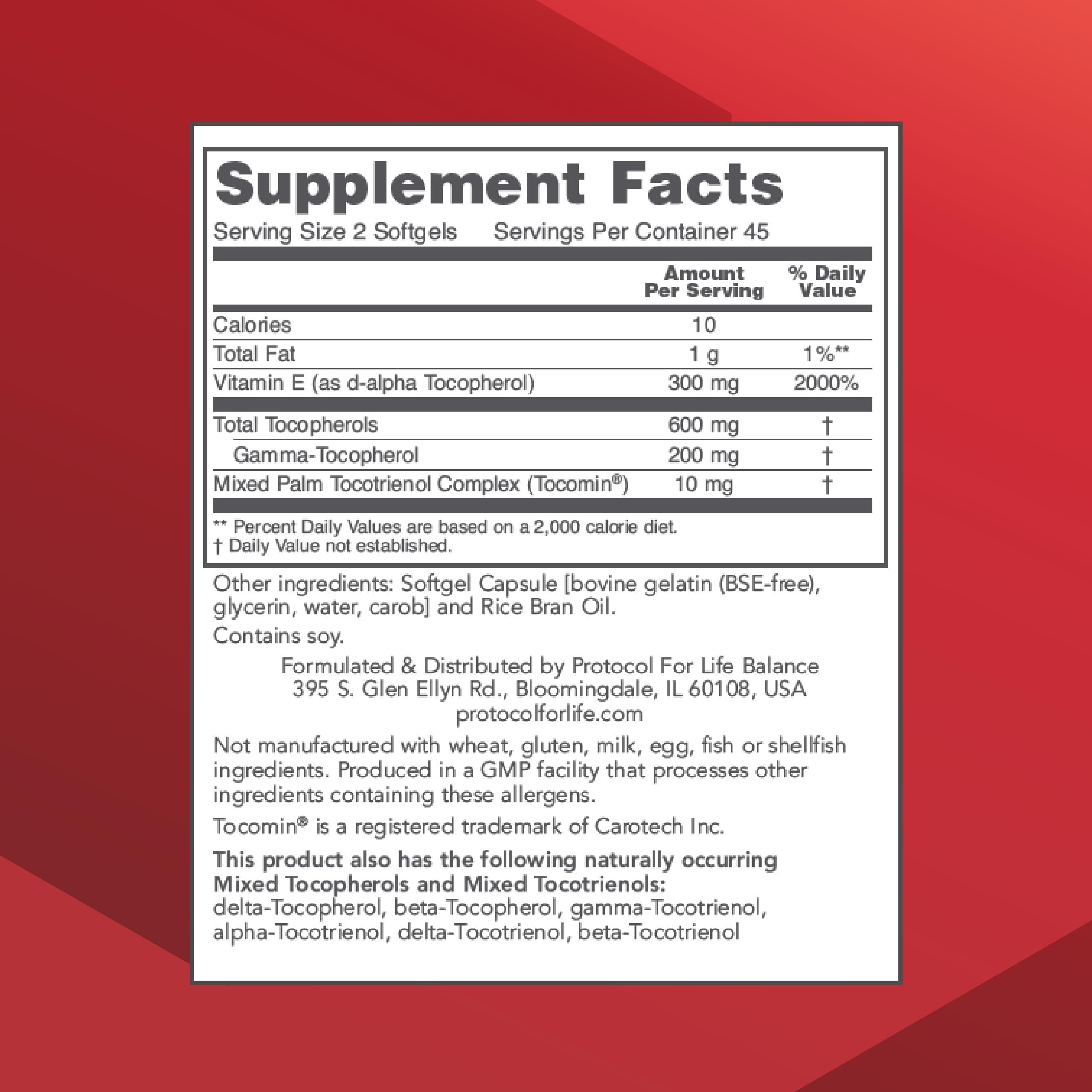 PROTOCOL FOR LIFE BALANCE Gamma E Toco Complex softgels closeup highlights easy-to-swallow capsules