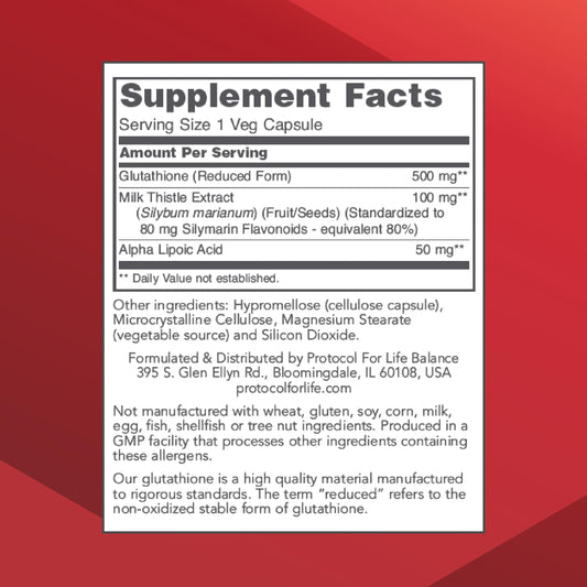 Glutathione 500mg capsules close-up for daily wellness with PROTOCOL FOR LIFE BALANCE.