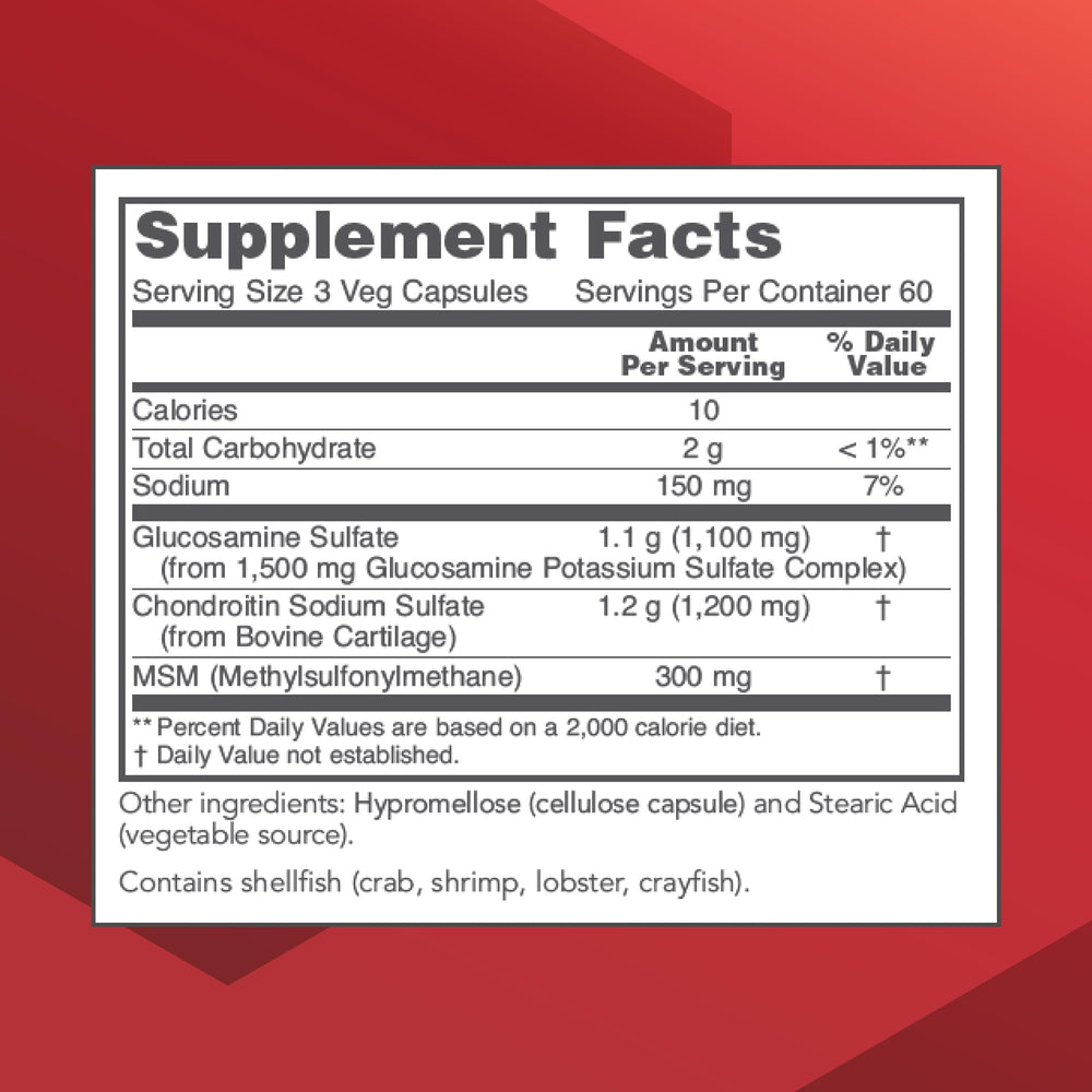 Protocol for Life Balance joint support capsules closeup shows MSM and chondroitin ingredients