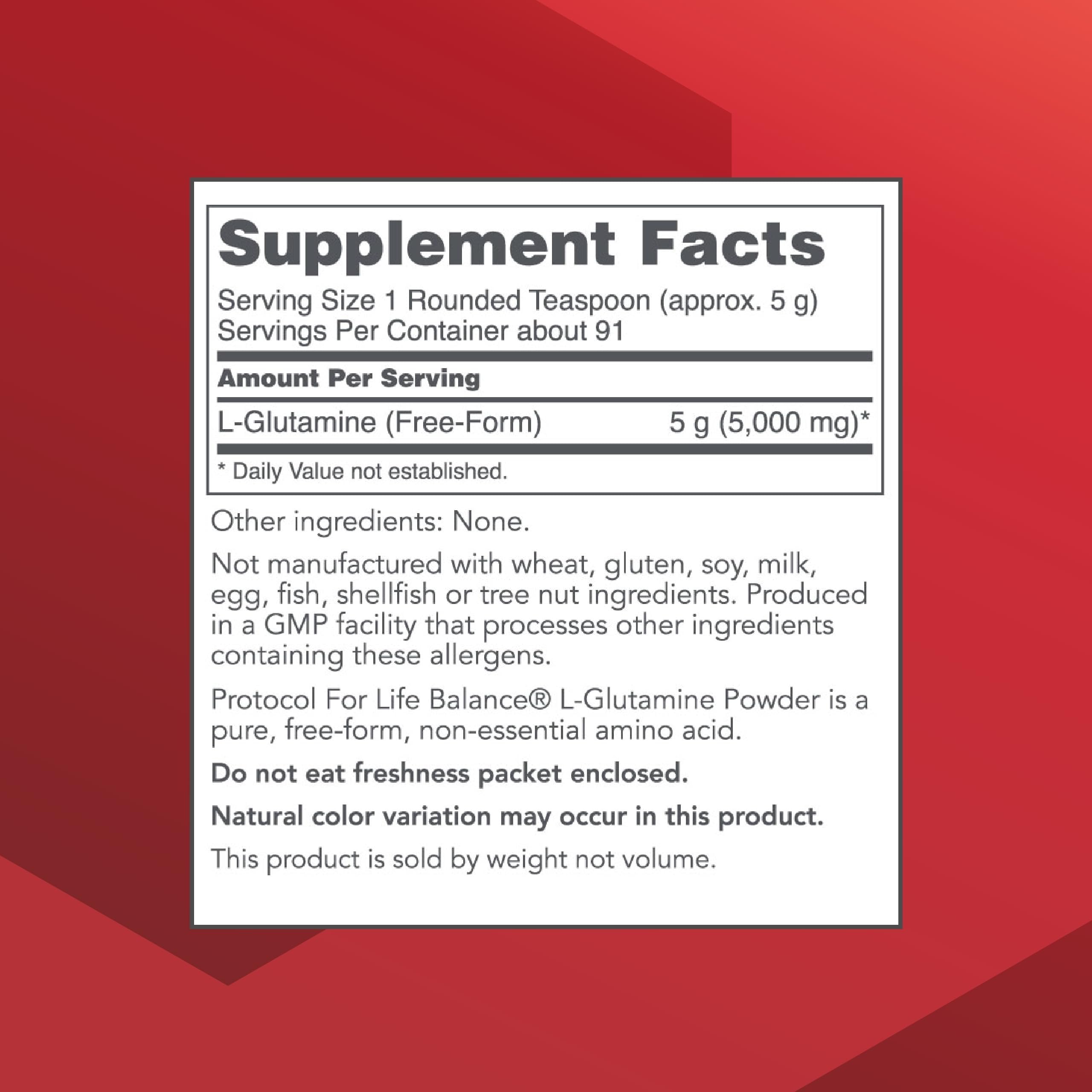 PROTOCOL FOR LIFE BALANCE L-Glutamine powder scoop ready for daily use and mixing.