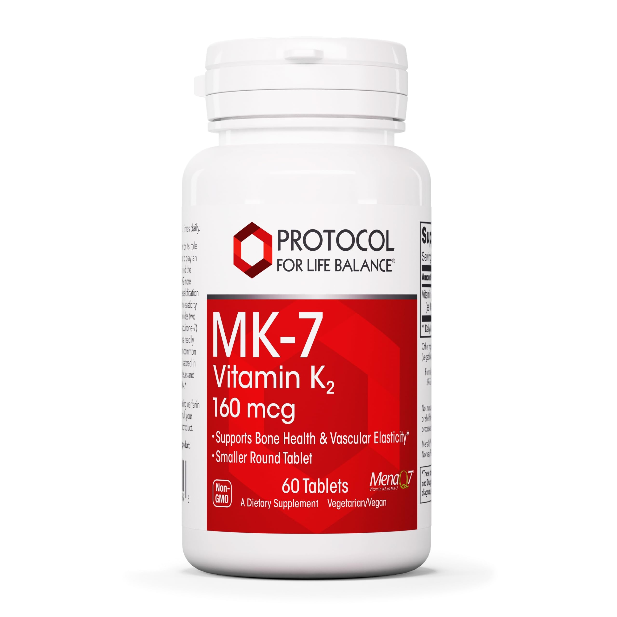 PROTOCOL FOR LIFE BALANCE MK-7 bottle on white surface showing vegan non-GMO daily support