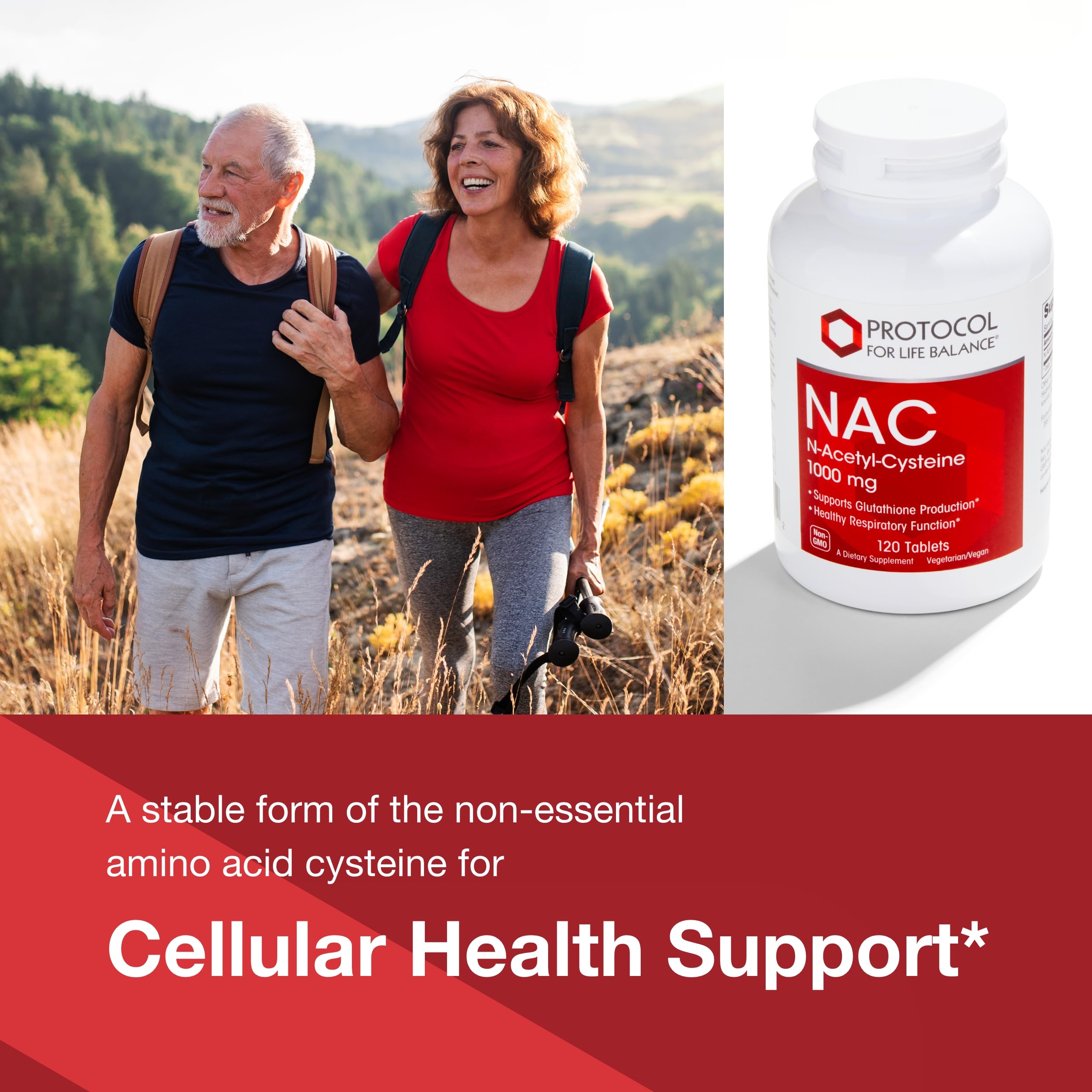Protocol for Life Balance NAC 1000mg label highlights gluten-free and vegan-friendly formula.