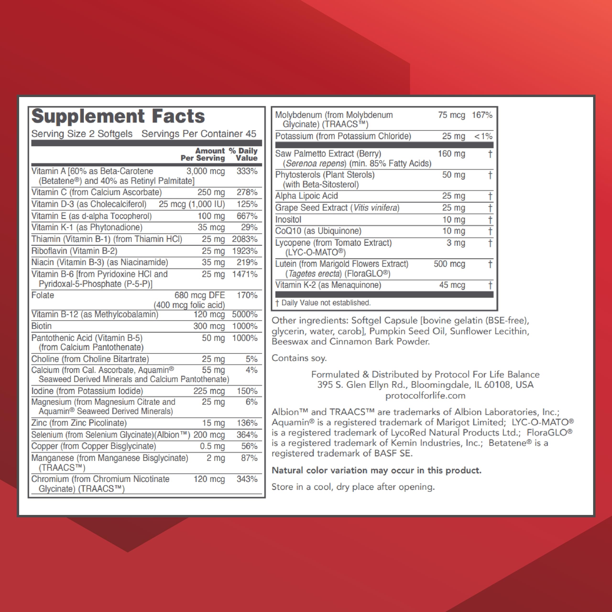 Protocol For Life Balance Ortho Multi Softgels label closeup highlights key prostate-support ingredients.