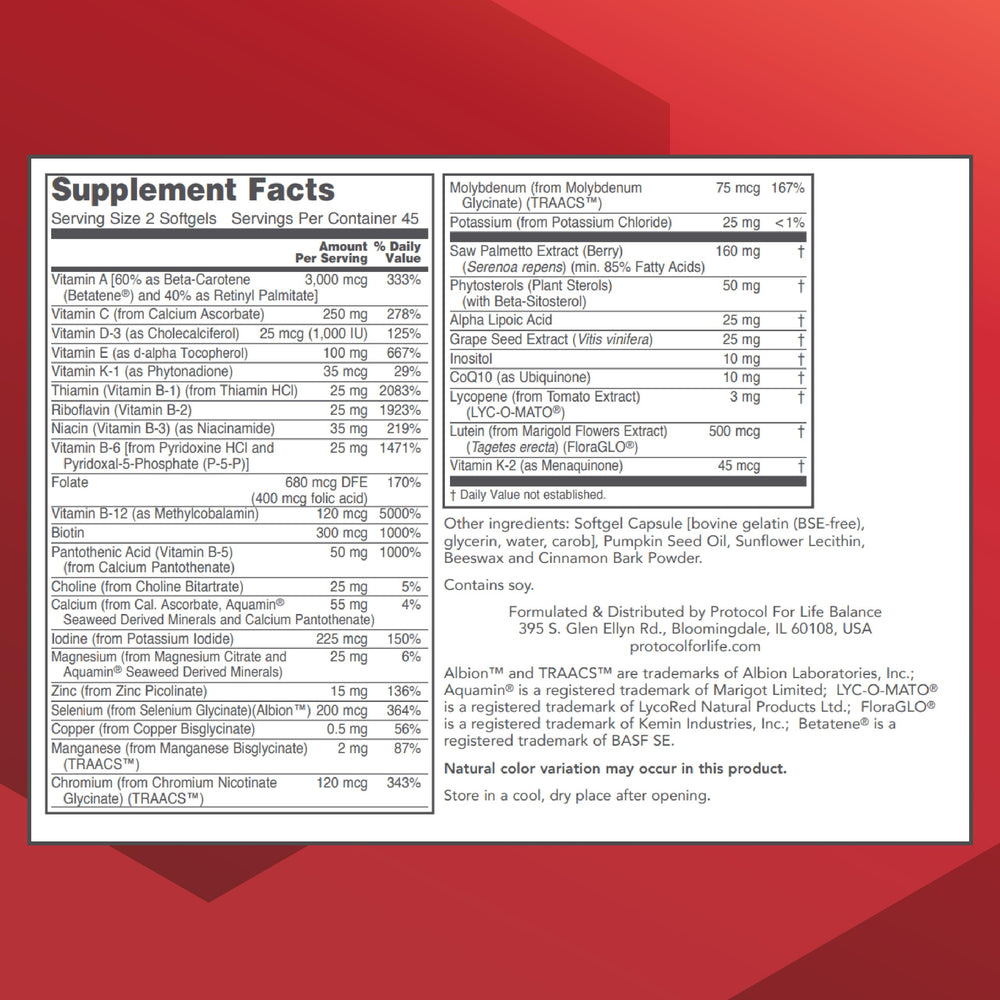 Protocol For Life Balance Ortho Multi Softgels label closeup highlights key prostate-support ingredients.