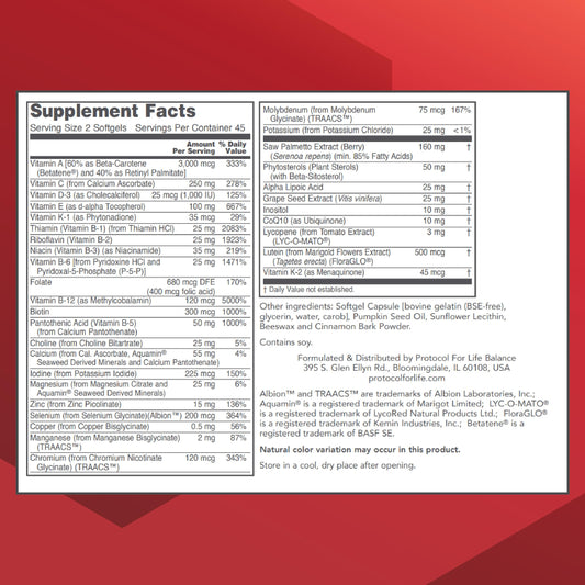 Protocol For Life Balance Ortho Multi Softgels label closeup highlights key prostate-support ingredients.