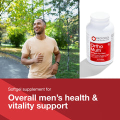 Protocol For Life Balance Ortho Multi Softgels packaging box reveals GMP quality commitment.