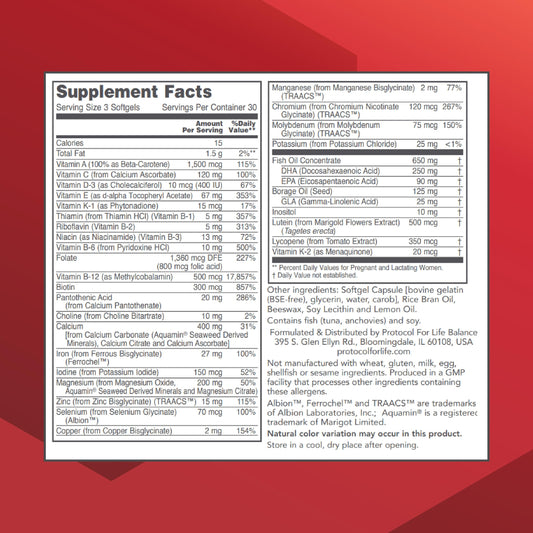 PROTOCOL FOR LIFE BALANCE label close-up highlights 250 mg DHA per serving for infant development potential