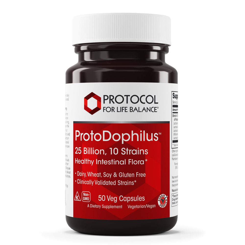 ProtoDophilus bottle with capsules for daily digestive health support, from Protocol For Life Balance.