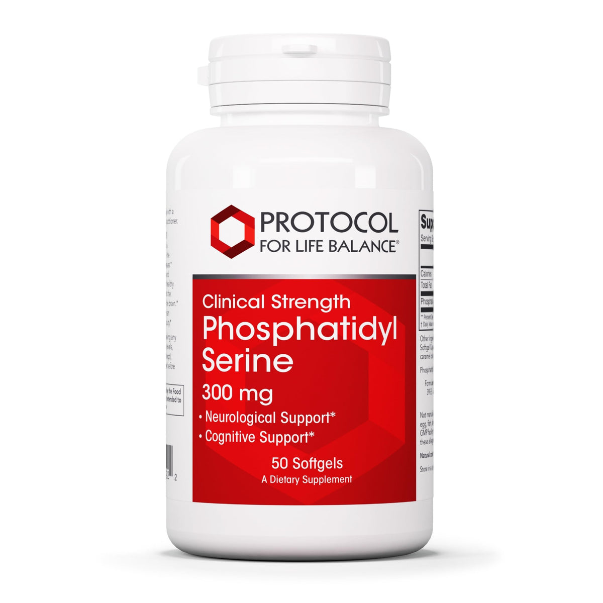Protocol for Life Balance Protocol Phosphatidylserine 300mg bottle shows easy-to-swallow softgels for daily focus.