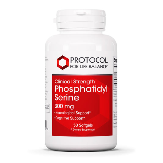 Protocol for Life Balance Protocol Phosphatidylserine 300mg bottle shows easy-to-swallow softgels for daily focus.