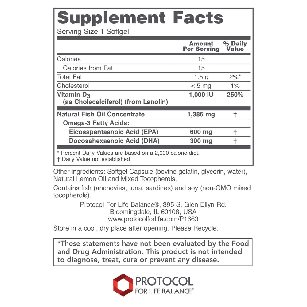 PROTOCOL FOR LIFE BALANCE Ultra Omega 3-D softgels closeup shows easy-to-swallow capsules for daily use.